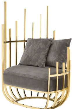 Casa Padrino Designer Sessel linksseitig mit 2 Kissen Grau / Gold 91,5 x 75 x H. 136,5 cm - Designer Wohnzimmer Möbel - Luxus Qualität