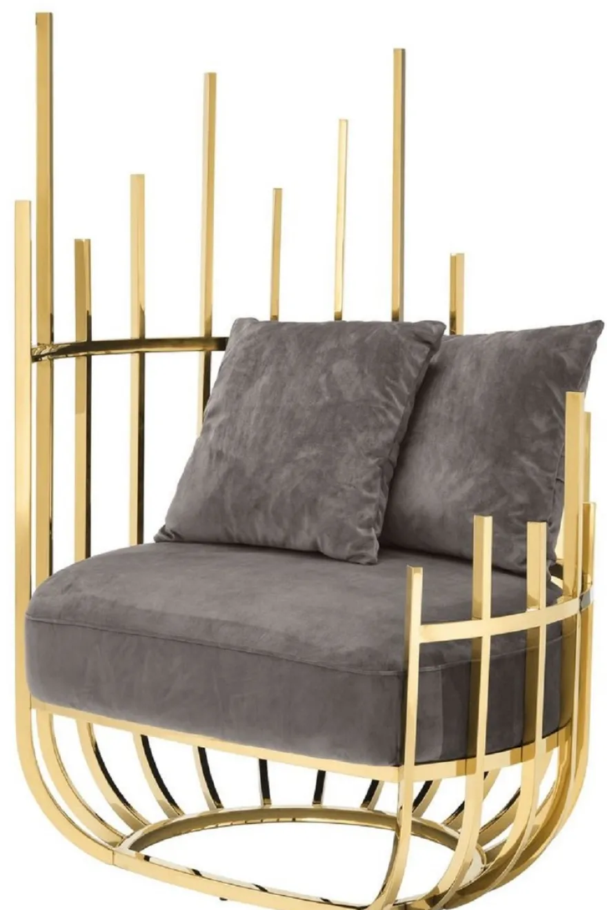 Casa Padrino Designer Sessel linksseitig mit 2 Kissen Grau / Gold 91,5 x 75 x H. 136,5 cm - Designer Wohnzimmer Möbel - Luxus Qualität