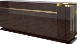Casa Padrino Designer Sideboard Dunkelbraun Hochglanz / Gold 220 x 50 x H. 85 cm - Edler Schrank mit 4 Türen und 4 Schubladen - Luxus Wohnzimmer Möbel