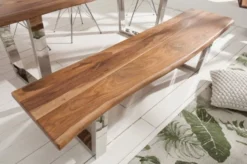 Casa Padrino Designer Sitzbank Braun / Silber 180 x 45 x H. 45 cm - Luxus Sitzbank mit massivem Sheesham Holz und polierten Edelstahl Beinen