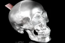 Casa Padrino Designer Spardose Skull silber, Totenkopf Skulptur aus Polyresin, Höhe 14 cm, Breite 14 cm, Tiefe 20 cm