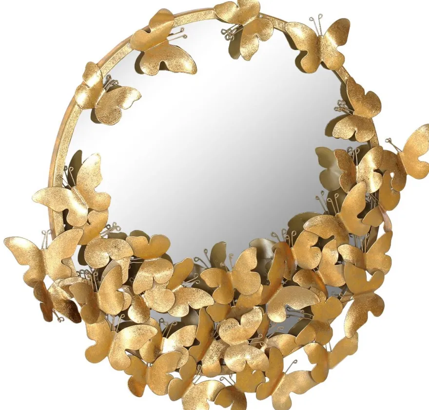 Casa Padrino Designer Spiegel Gold 73 x 5 x H. 70 cm - Moderner pulverbeschichteter Metall Wandspiegel mit dekorativen Schmetterlingen - Deko Accessoires