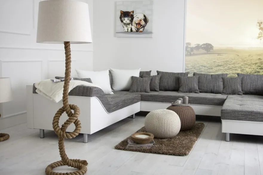 Casa Padrino Designer Stehleuchte Marine Tauseil - Seil Stehlampe im maritimen Look - creme natur - Höhe 160 cm
