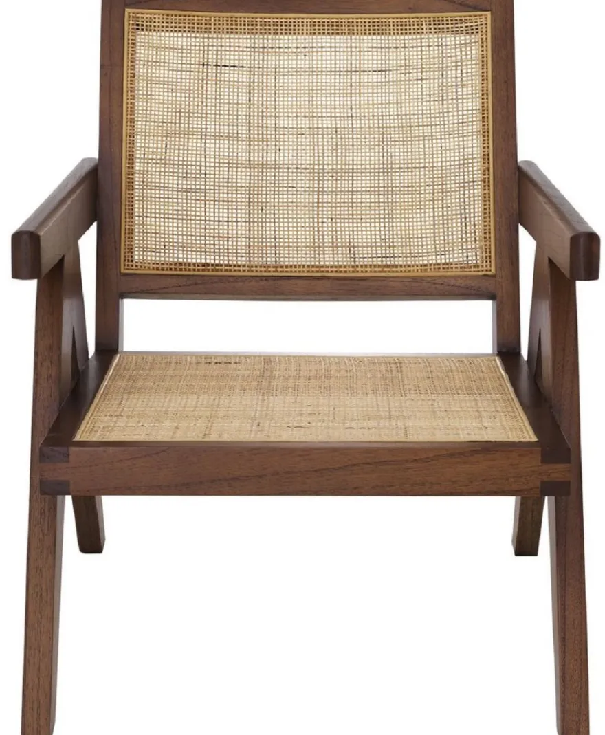 Casa Padrino Designer Stuhl Braun / Naturfarben 58 x 82 x H. 70 cm - Massivholz Stuhl mit Armlehnen und handgewebtem Rattangeflecht - Luxus Wohnzimmer Möbel