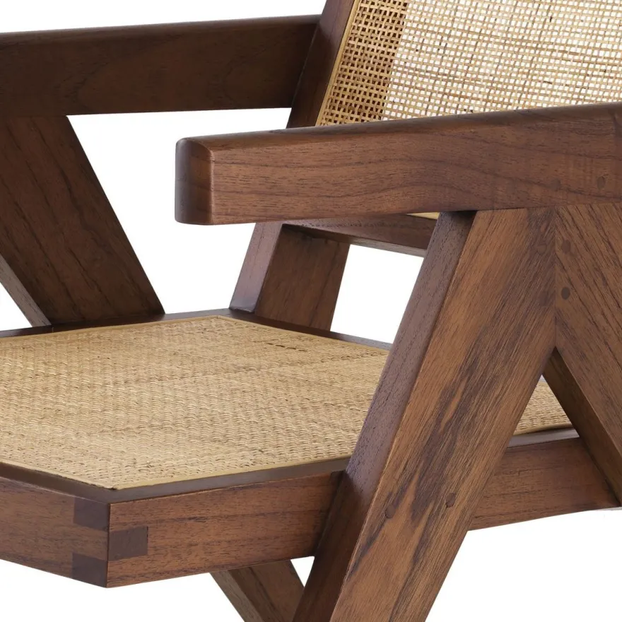 Casa Padrino Designer Stuhl Braun / Naturfarben 58 x 82 x H. 70 cm - Massivholz Stuhl mit Armlehnen und handgewebtem Rattangeflecht - Luxus Wohnzimmer Möbel