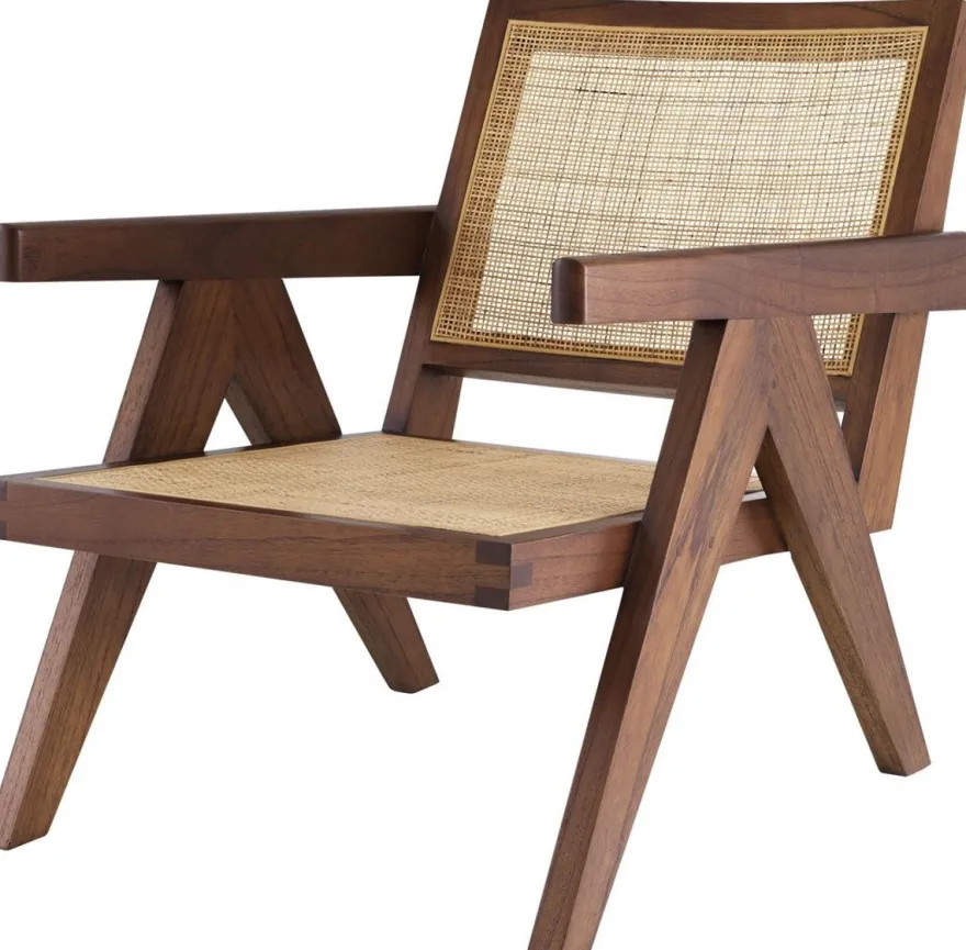 Casa Padrino Designer Stuhl Braun / Naturfarben 58 x 82 x H. 70 cm - Massivholz Stuhl mit Armlehnen und handgewebtem Rattangeflecht - Luxus Wohnzimmer Möbel