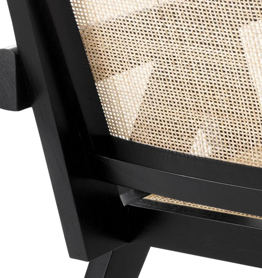 Casa Padrino Designer Stuhl Schwarz / Naturfarben 58 x 82 x H. 70 cm - Massivholz Stuhl mit Armlehnen und handgewebtem Rattangeflecht - Luxus Wohnzimmer Möbel