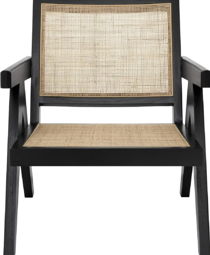 Casa Padrino Designer Stuhl Schwarz / Naturfarben 58 x 82 x H. 70 cm - Massivholz Stuhl mit Armlehnen und handgewebtem Rattangeflecht - Luxus Wohnzimmer Möbel