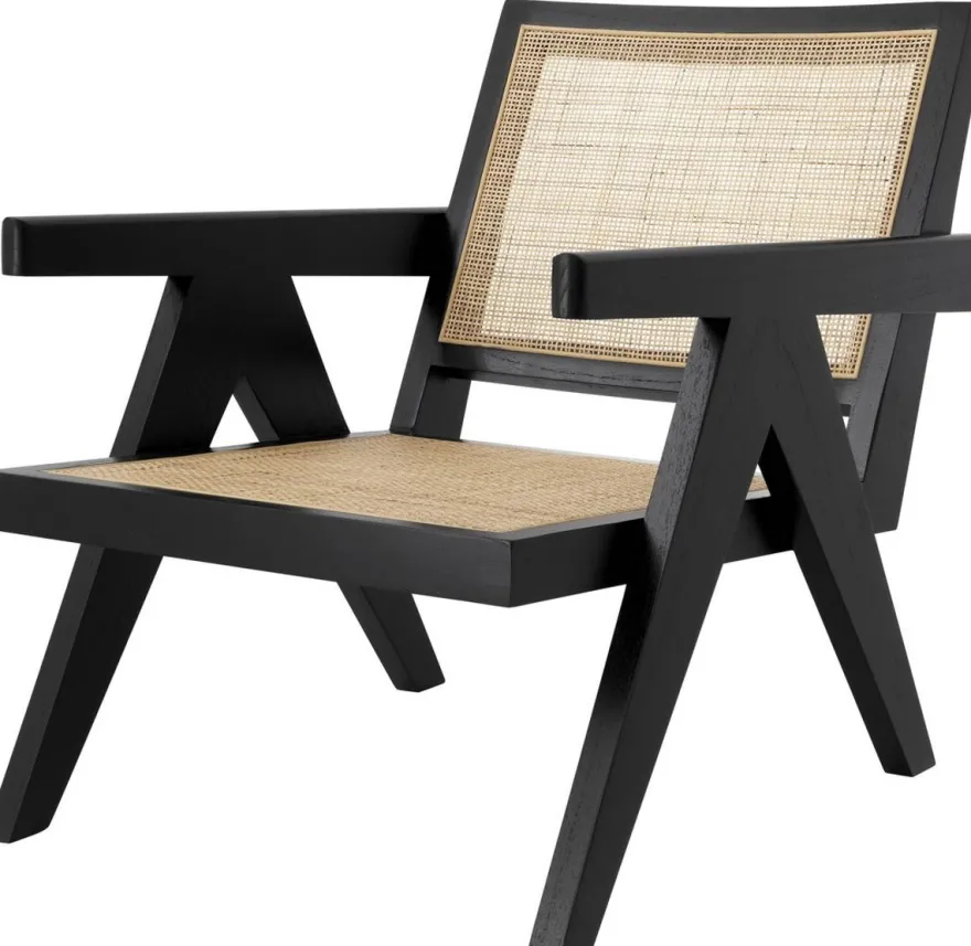 Casa Padrino Designer Stuhl Schwarz / Naturfarben 58 x 82 x H. 70 cm - Massivholz Stuhl mit Armlehnen und handgewebtem Rattangeflecht - Luxus Wohnzimmer Möbel