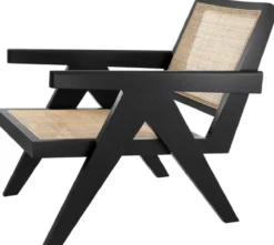 Casa Padrino Designer Stuhl Schwarz / Naturfarben 58 x 82 x H. 70 cm - Massivholz Stuhl mit Armlehnen und handgewebtem Rattangeflecht - Luxus Wohnzimmer Möbel