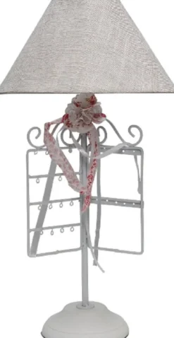 Casa Padrino Designer Tischleuchte Weiß / Grau / Rosa Ø 27 x H. 53 cm - Romantische Tischlampe mit Schmuckständer