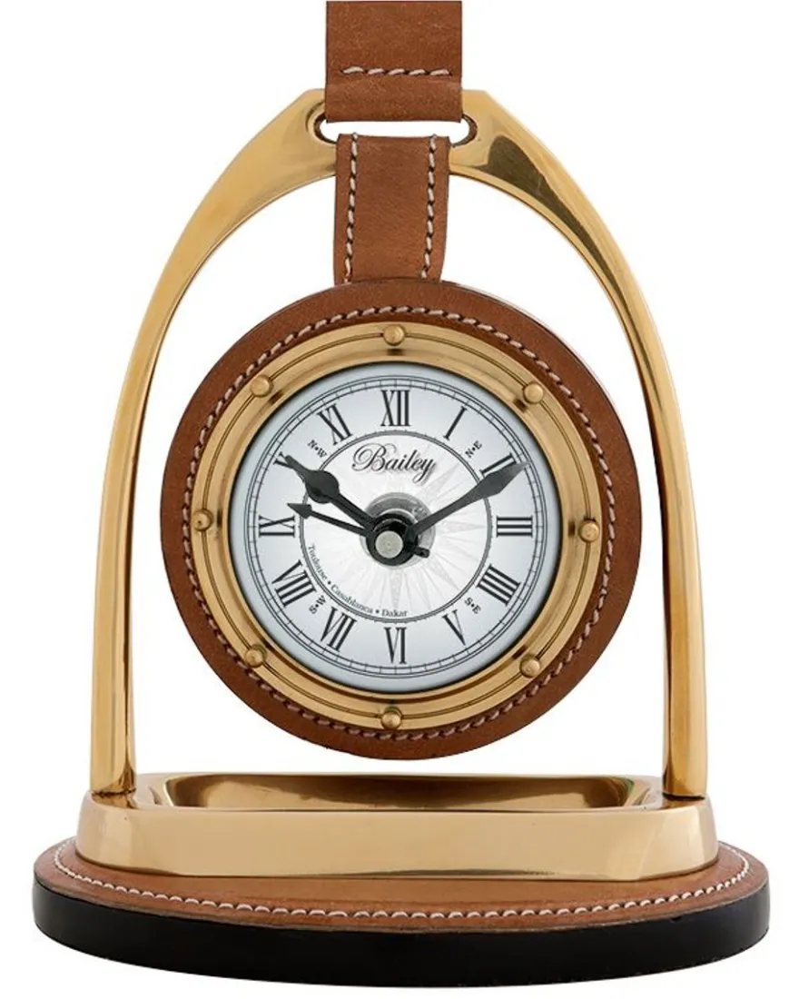 Casa Padrino Designer Uhr mit Büffelleder und Kompas auf der Rückseite 17 x 12,5 H. 21 cm - Luxus Tischuhr