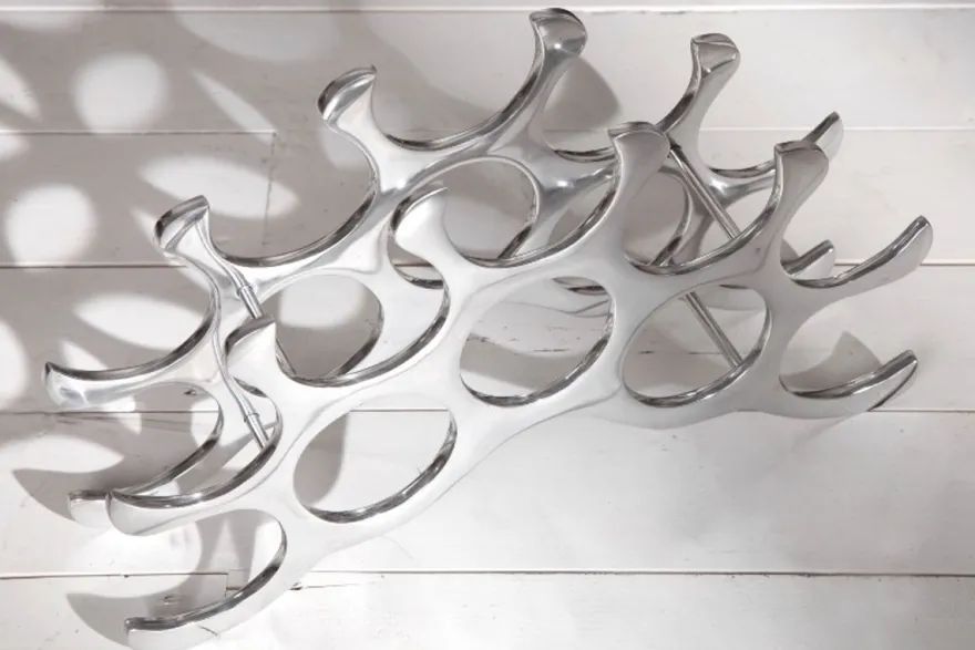 Casa Padrino Designer Weinregal für 10 Flaschen aus poliertem Aluminium - Silber, 48 x 11 x 28 cm