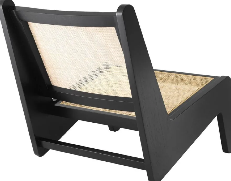 Casa Padrino Designer Wohnzimmer Sessel Schwarz / Naturfarben 75 x 89 x H. 77,5 cm - Massivholz Sessel mit handgewebtem Rattangeflecht - Luxus Möbel