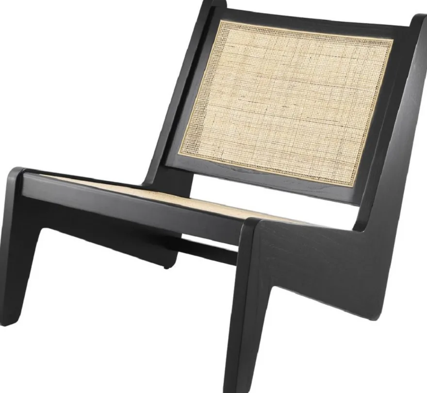 Casa Padrino Designer Wohnzimmer Sessel Schwarz / Naturfarben 75 x 89 x H. 77,5 cm - Massivholz Sessel mit handgewebtem Rattangeflecht - Luxus Möbel