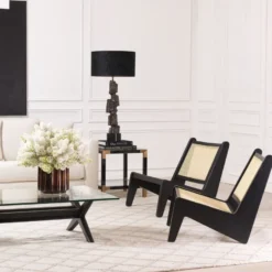 Casa Padrino Designer Wohnzimmer Sessel Schwarz / Naturfarben 75 x 89 x H. 77,5 cm - Massivholz Sessel mit handgewebtem Rattangeflecht - Luxus Möbel