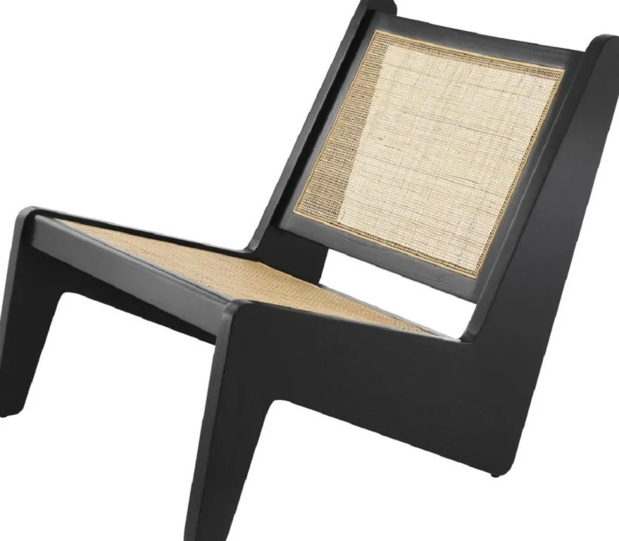 Casa Padrino Designer Wohnzimmer Sessel Schwarz / Naturfarben 75 x 89 x H. 77,5 cm - Massivholz Sessel mit handgewebtem Rattangeflecht - Luxus Möbel
