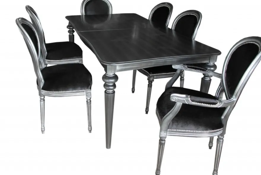 Casa Padrino Design Esszimmerset Schwarz/Silber, ausziehbarer Esstisch 180-230 cm und 6 Stühle