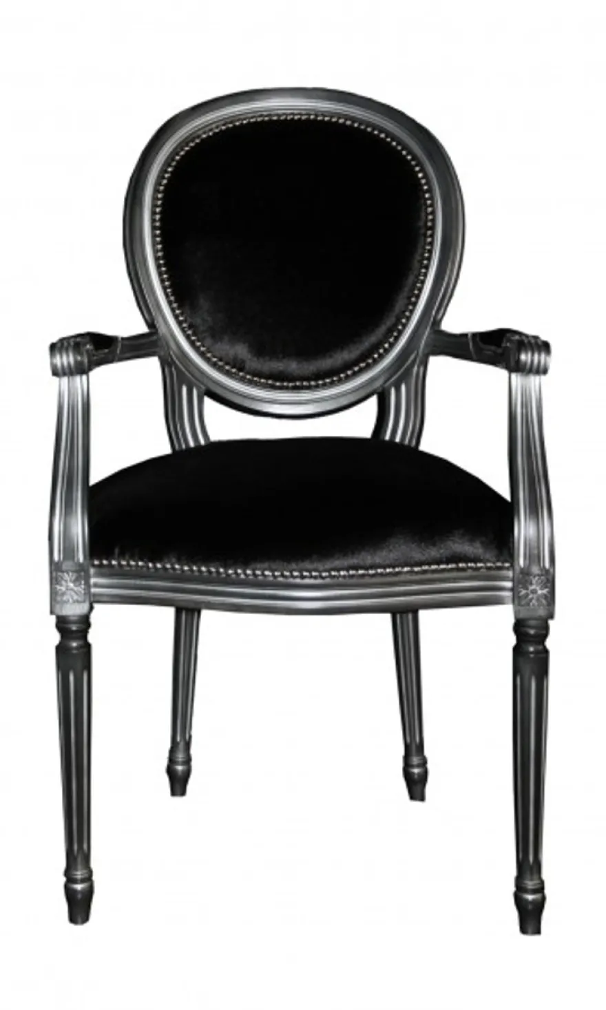 Casa Padrino Design Esszimmerset Schwarz/Silber, ausziehbarer Esstisch 180-230 cm und 6 Stühle