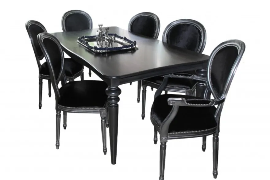 Casa Padrino Design Esszimmerset Schwarz/Silber, ausziehbarer Esstisch 180-230 cm und 6 Stühle