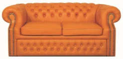 Casa Padrino Echtleder 2er Sofa Orange 180 x 100 x H. 78 cm - Luxus Chesterfield Schlafsofa