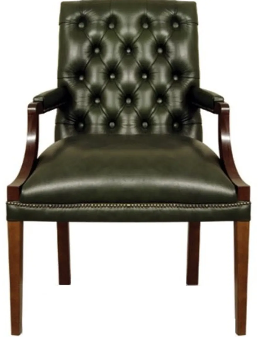 Casa Padrino Echtleder Esszimmerstuhl mit Armlehnen in dunkelgrün / braun 60 x 60 x H. 100 cm - Chesterfield Möbel