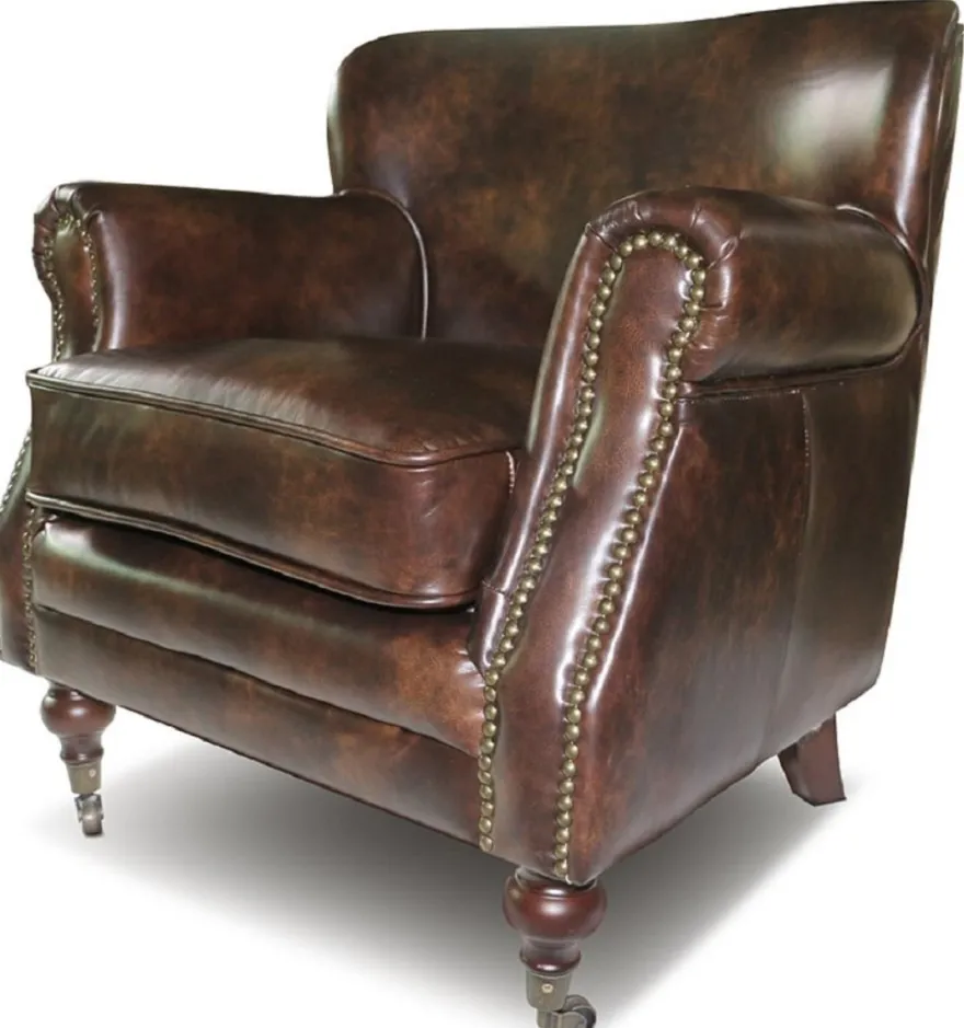 Casa Padrino Echtleder Sessel Braun - Eleganter Wohnzimmer Leder Sessel - Wohnzimmer Möbel - Echtleder Möbel