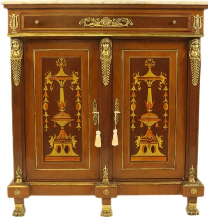 Casa Padrino Empire Barock Kommode Mahagony Intarsien mit Marmorplatte 110 x 40 x H 115 cm
