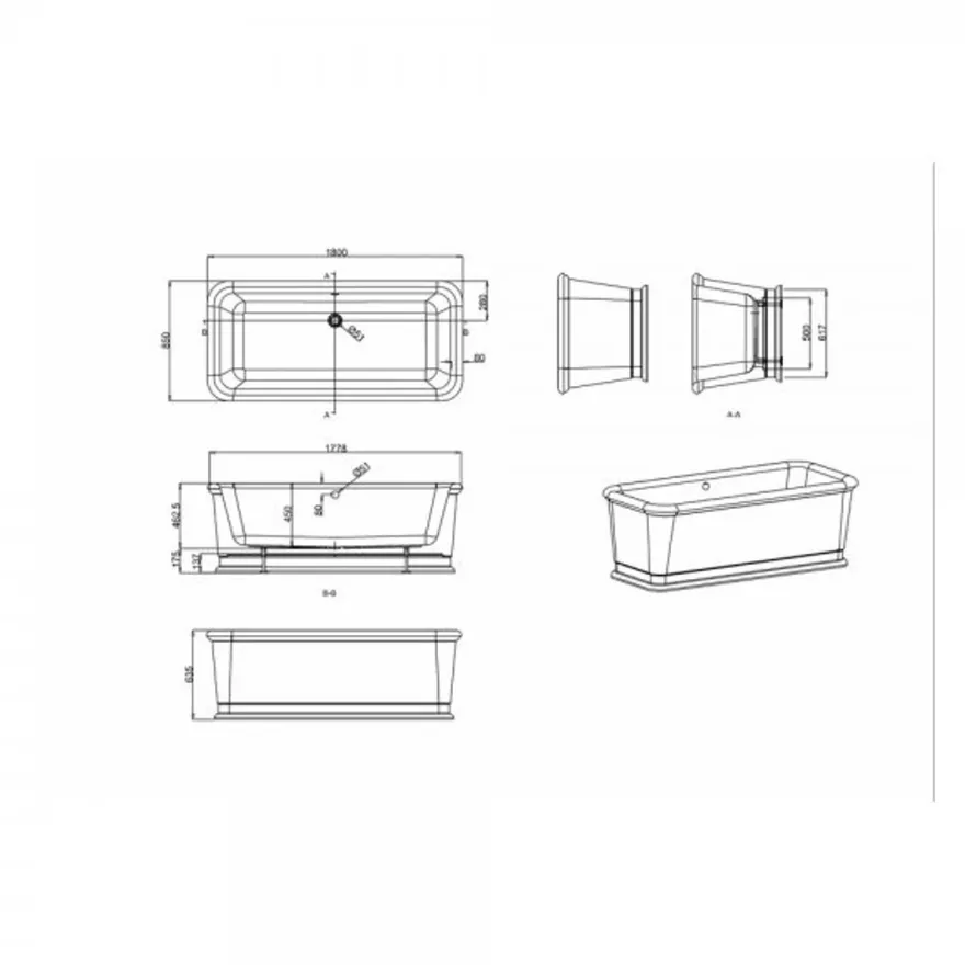 Casa Padrino freistehende Badewanne BLon, rechteckiges Retro Design, Weiß, 1800 x 850 x 630 mm