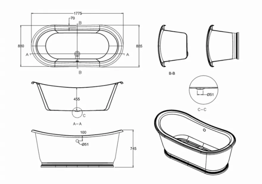 Casa Padrino freistehende Retro Badewanne Modell BAdm180 in Weiß, 1800 x 885 x 745 mm