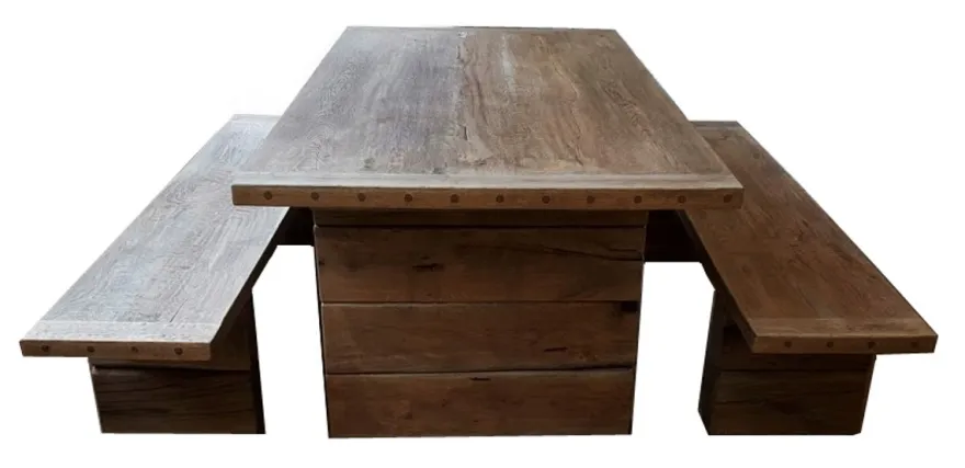Casa Padrino Gartenmöbel Set Rustikal - Tisch + 2 Garten Bänke (Länge 200 cm) - Eiche Massivholz - Echtholz Möbel Massiv