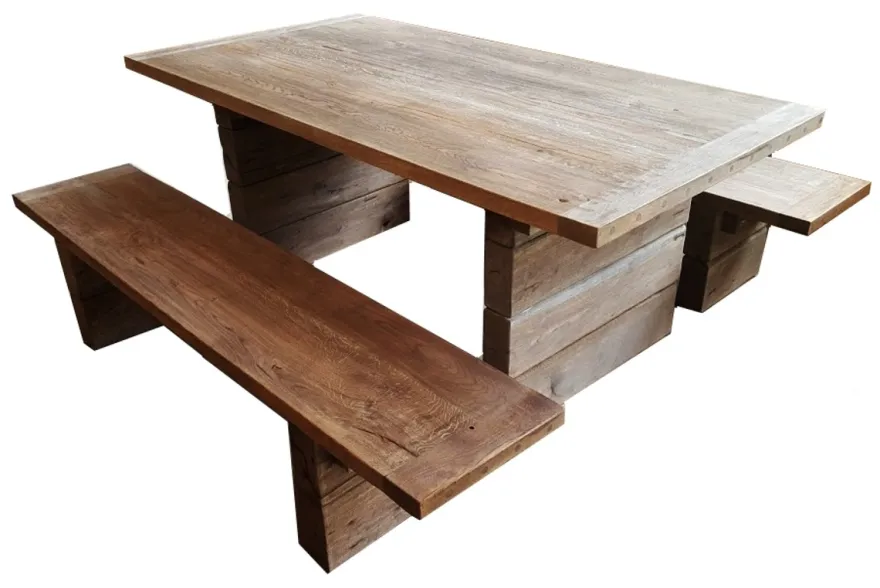 Casa Padrino Gartenmöbel Set Rustikal - Tisch + 2 Garten Bänke (Länge 200 cm) - Eiche Massivholz - Echtholz Möbel Massiv