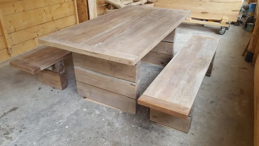 Casa Padrino Gartenmöbel Set Rustikal - Tisch + 2 Garten Bänke (Länge 200 cm) - Eiche Massivholz - Echtholz Möbel Massiv