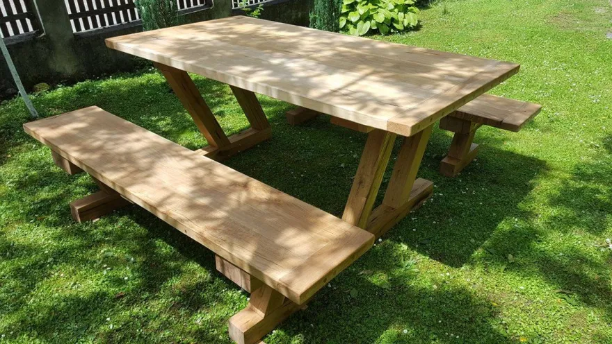 Casa Padrino Gartenmöbel Set Rustikal - Tisch + 2 Garten Bänke (Länge: 200 cm) - Eiche Massivholz - Modell Z