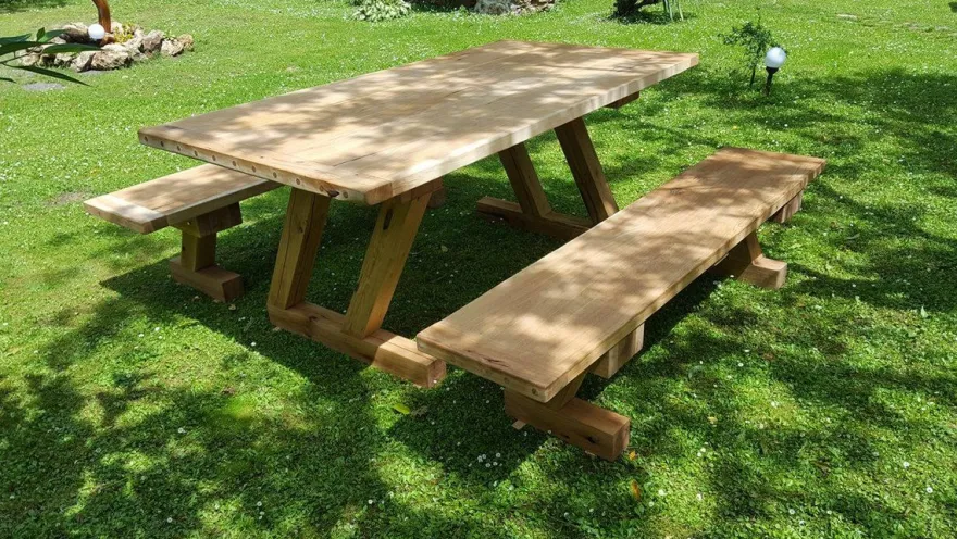 Casa Padrino Gartenmöbel Set Rustikal - Tisch + 2 Garten Bänke (Länge: 200 cm) - Eiche Massivholz - Modell Z
