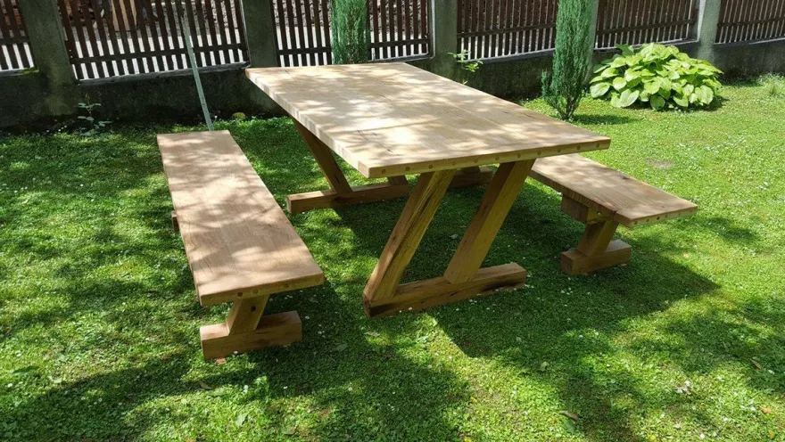 Casa Padrino Gartenmöbel Set Rustikal - Tisch + 2 Garten Bänke (Länge: 200 cm) - Eiche Massivholz - Modell Z