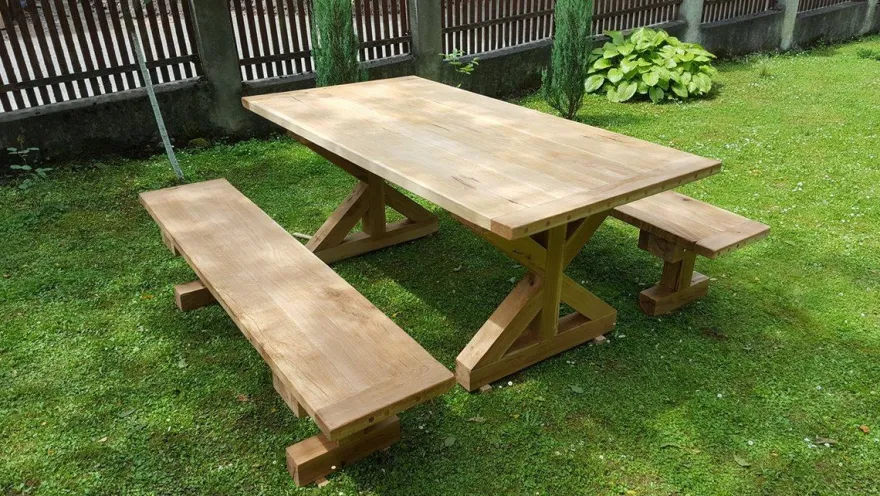 Casa Padrino Gartenmöbel Set Rustikal mit Kreuzgestell - Tisch + 2 Garten Bänke (Länge: 200 cm) - Eiche Massivholz
