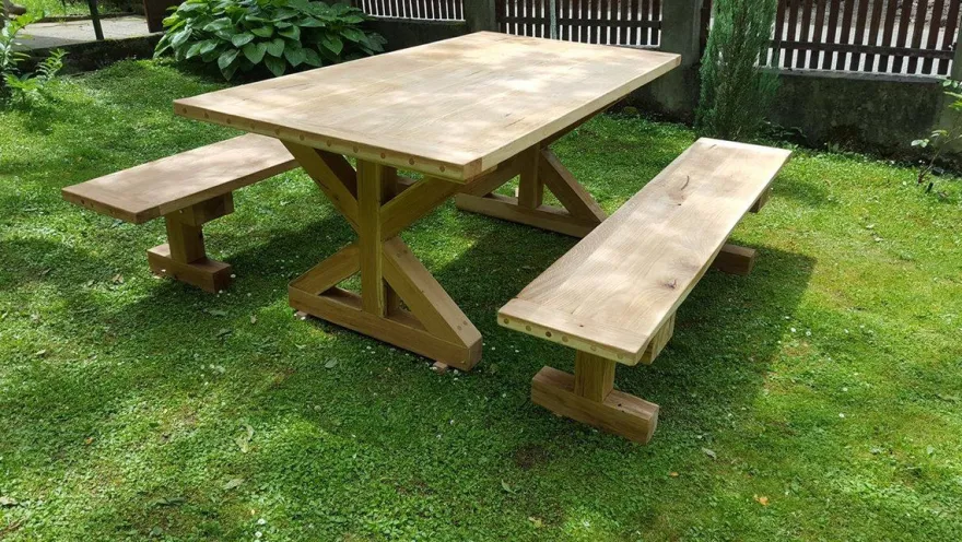 Casa Padrino Gartenmöbel Set Rustikal mit Kreuzgestell - Tisch + 2 Garten Bänke (Länge: 200 cm) - Eiche Massivholz