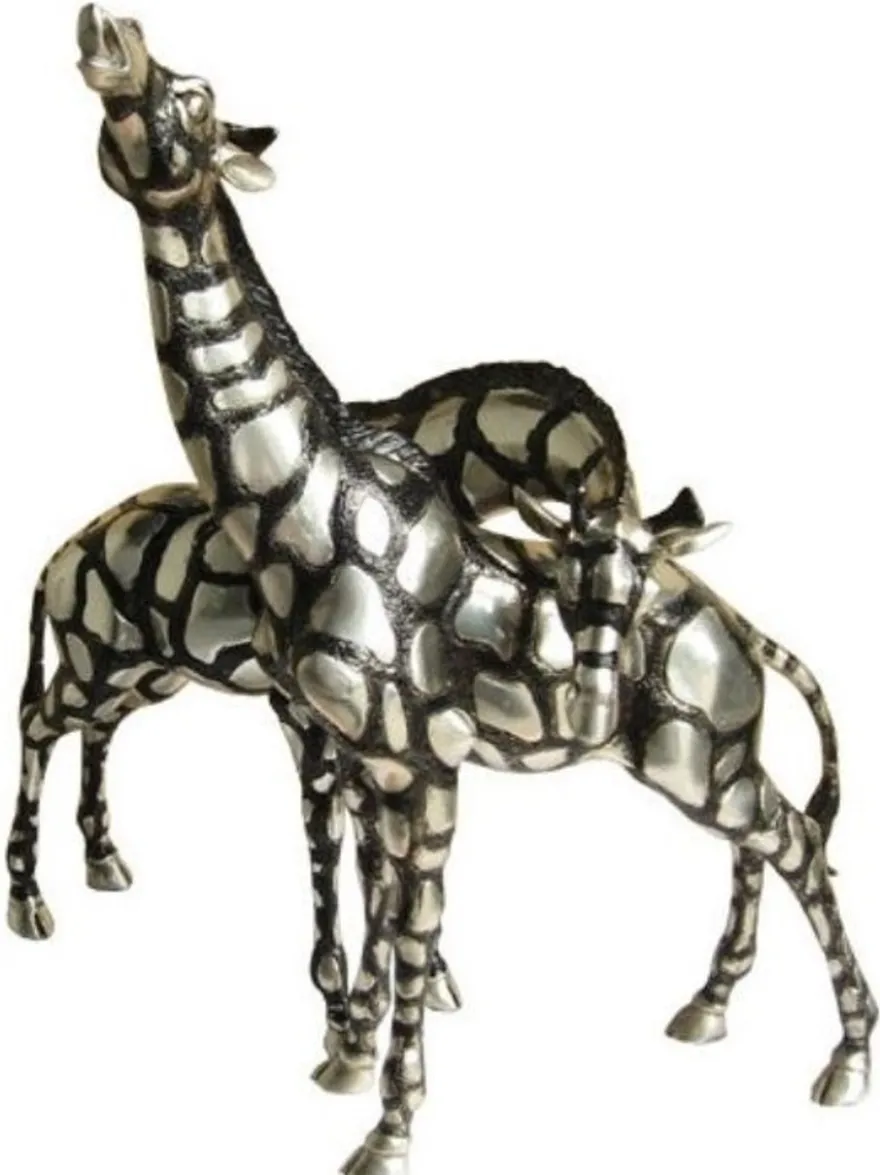Casa Padrino Giraffen Bronzefiguren Set Silber / Schwarz 40 x 9 x H. 52 cm - Luxus Qualität