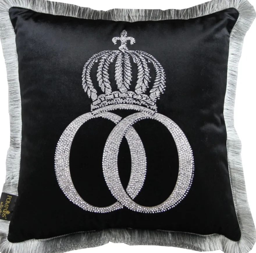 Casa Padrino Harald Glööckler Luxus Deko Kissen Pompöös Schwarz Silber mit Krone und Strass 50 x 50 cm