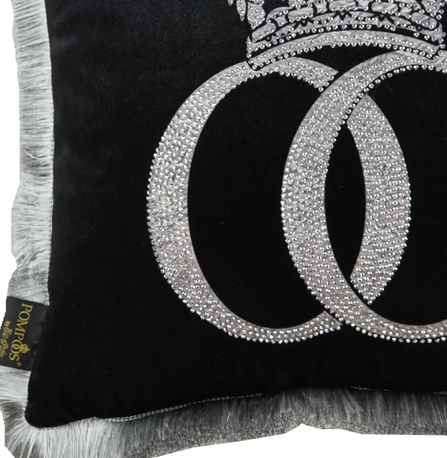 Casa Padrino Harald Glööckler Luxus Deko Kissen Pompöös Schwarz Silber mit Krone und Strass 50 x 50 cm