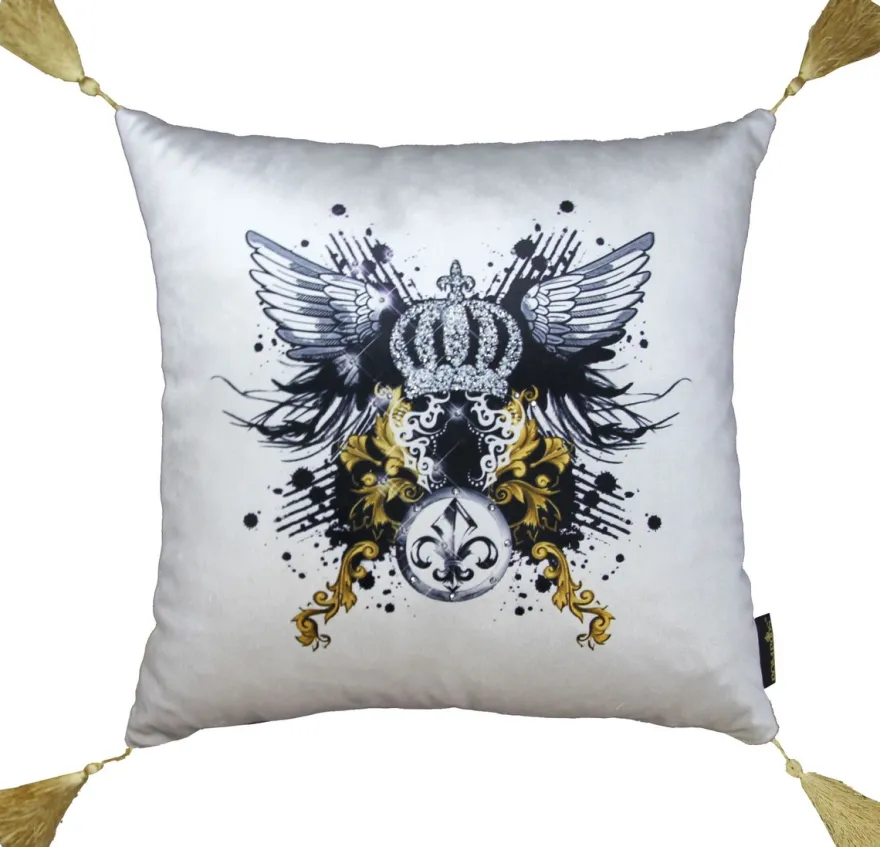 Casa Padrino Harald Glööckler Luxus Barock Kissen Pompöös mit Engelsflügeln, Krone, Strass und Troddeln, Creme / Schwarz, 40 x 40 cm