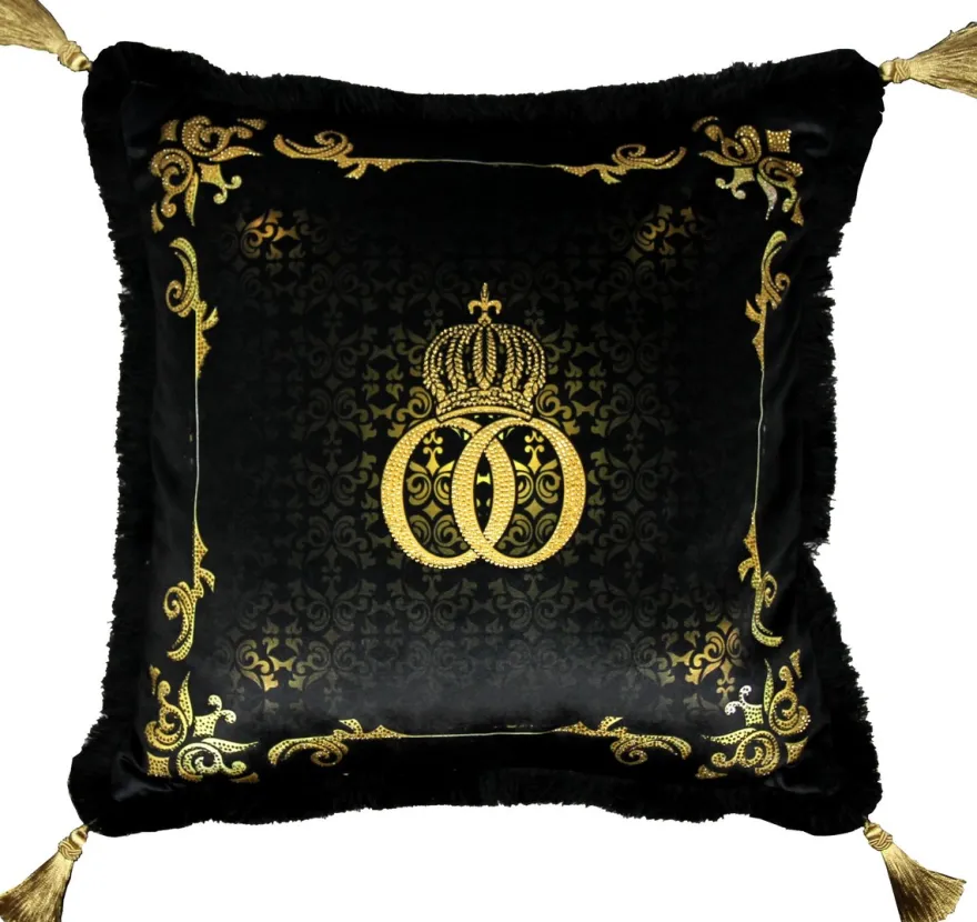 Casa Padrino Harald Glööckler Luxus Barock Kissen Pompöös Schwarz / Gold mit Krone, Strasssteinen und Troddeln 50 x 50 cm