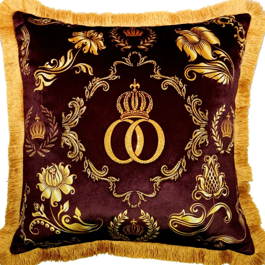 Casa Padrino Harald Glööckler Pompöös Luxus Kissen Bordeauxrot / Gold mit Krone und Strass Steinen 50 x 50 cm