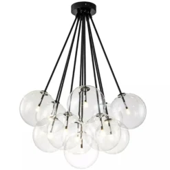 Casa Padrino Hängeleuchte Schwarz / Transparent Ø 66 x H. 95 cm - Moderne Pendelleuchte mit 13 Glaskugeln