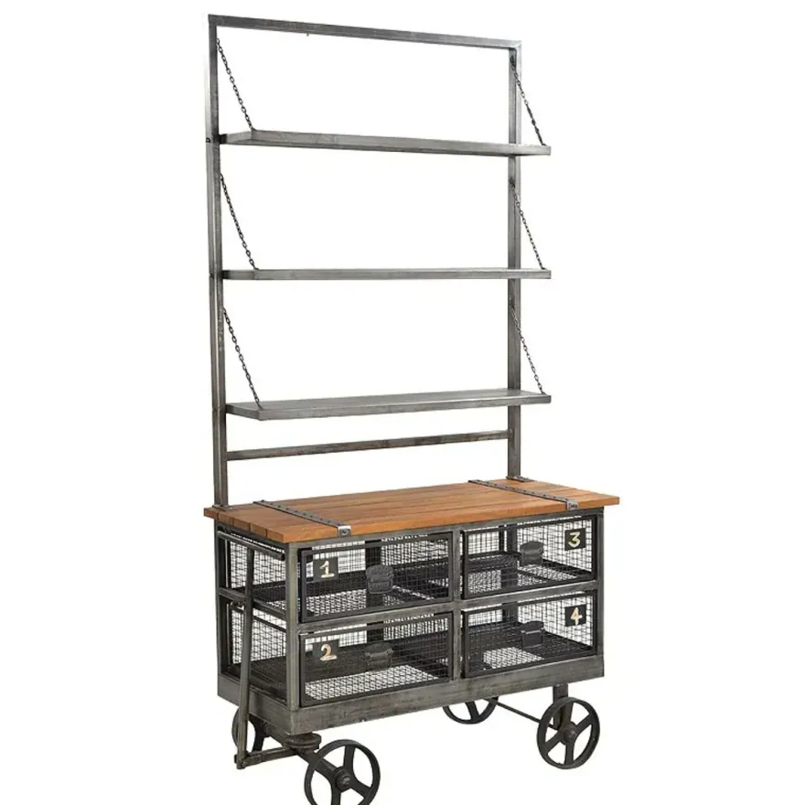 Casa Padrino Industrie Stil Servierwagen Anthrazit / Braun 106 x 48 x H. 208 cm - Rollwagen mit Aufsatzregal und 4 Gitterschubladen
