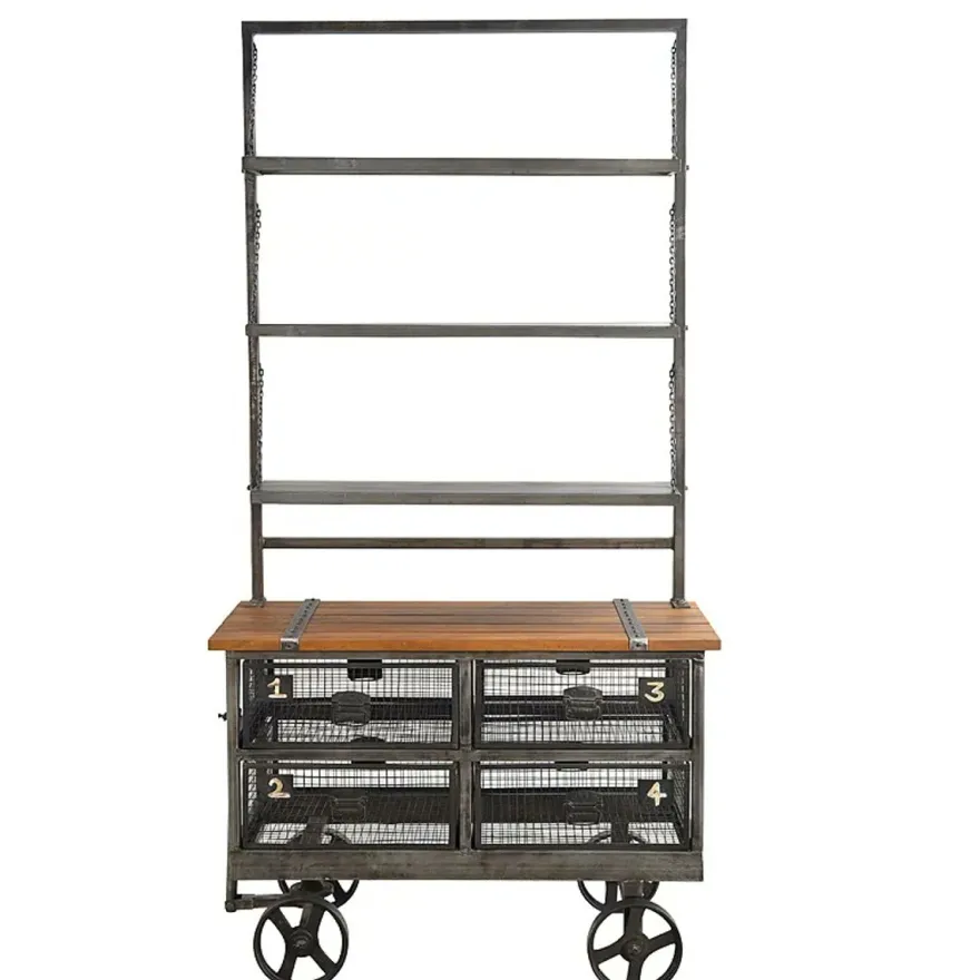 Casa Padrino Industrie Stil Servierwagen Anthrazit / Braun 106 x 48 x H. 208 cm - Rollwagen mit Aufsatzregal und 4 Gitterschubladen