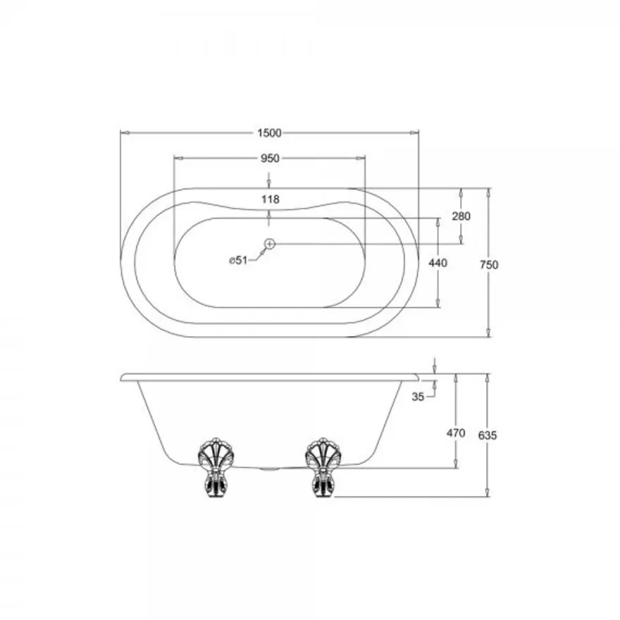 Casa Padrino Jugendstil Badewanne freistehend 1500mm BWin Weiß - Freistehende Retro Antik Badewanne