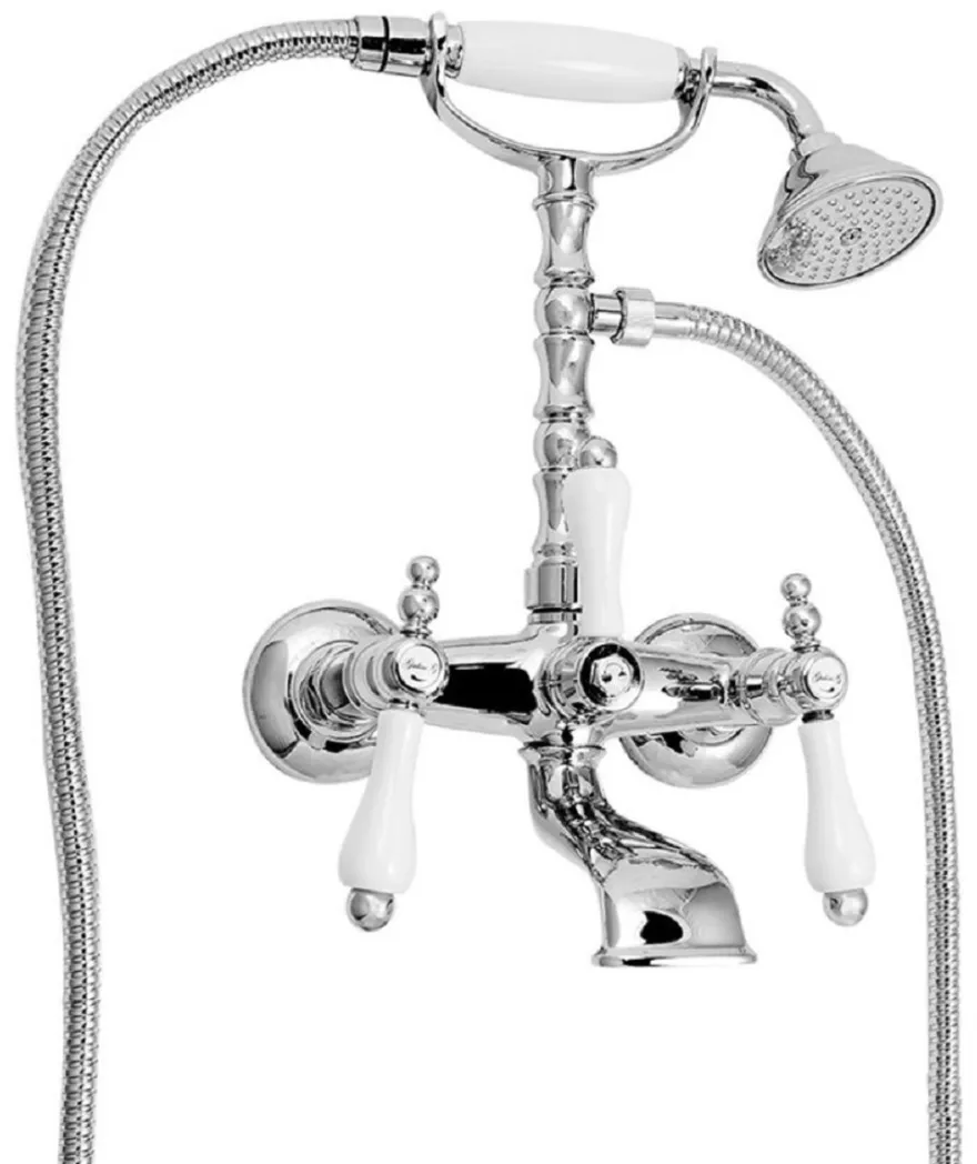 Casa Padrino Jugendstil Badewannen Armatur mit Brause Silber / Weiß H. 35,5 cm - Nostalgisches Bad Zubehör - Erstklassische Qualität