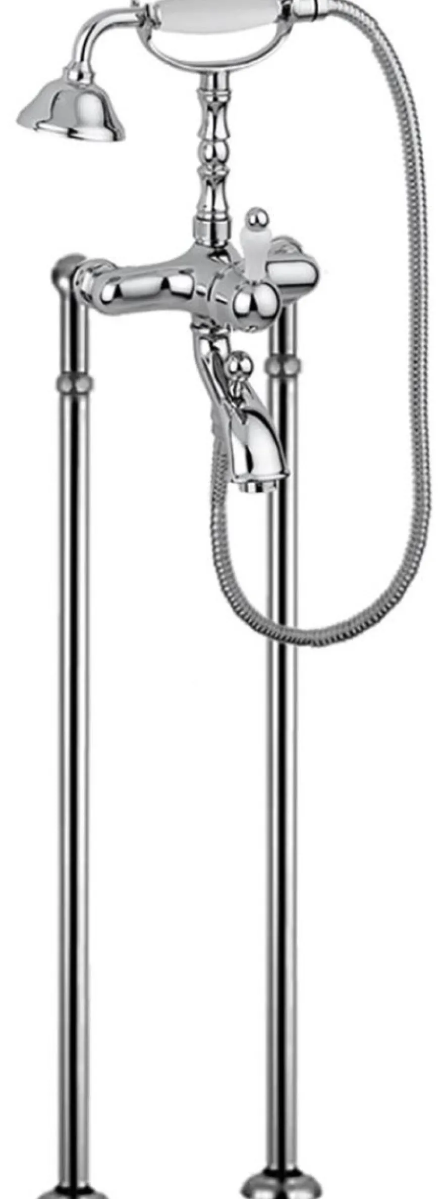 Casa Padrino Jugendstil Badewannen Armatur Silber / Weiß H. 105,5 cm - Nostalgische Badezimmer Badewannen Armatur mit Brause und Standfüßen